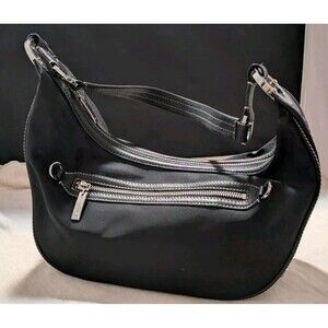 Antonio Melani Sporty Black Nylon Hobo Shoulder Bag Sliver Logo Hardware EUC